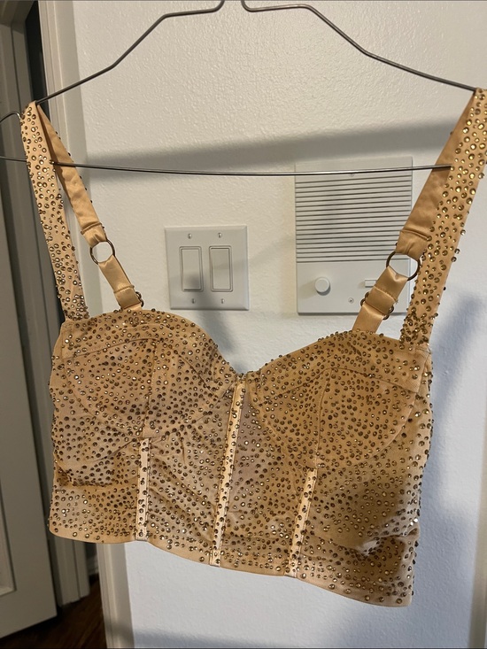 Oh Polly Tops - Embellished Light tan Satin Bustier Top Oh Polly
